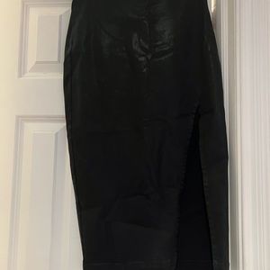 Black denim coated pencil skirt with slit